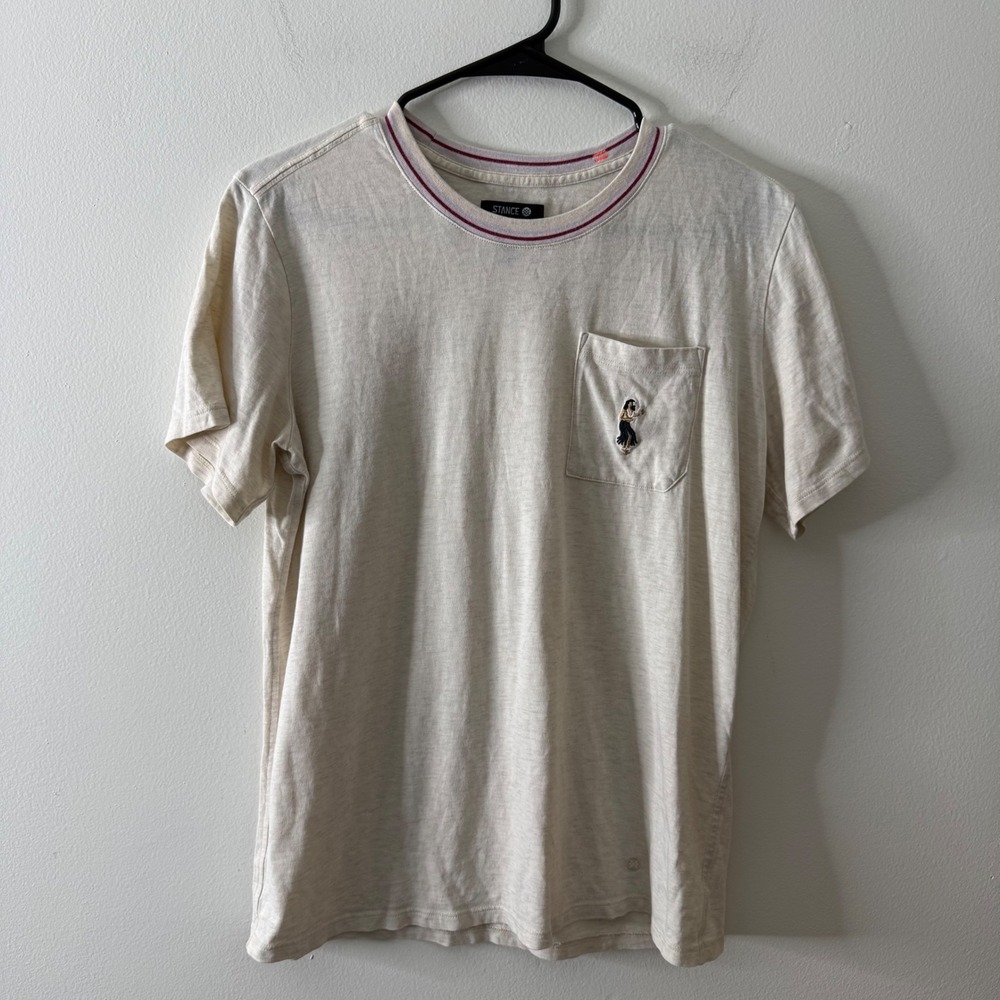 Stance Butter Blend womens Medium Cream Hula Girl‎ Embroidered Pocket T-Shirt